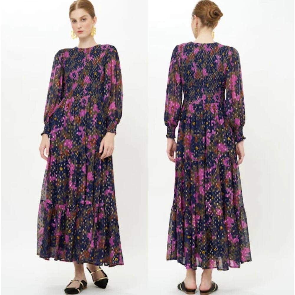 NEW Oliphant Smocked Top Long Sleeve Maxi Dress Suzani Navy Size: XS